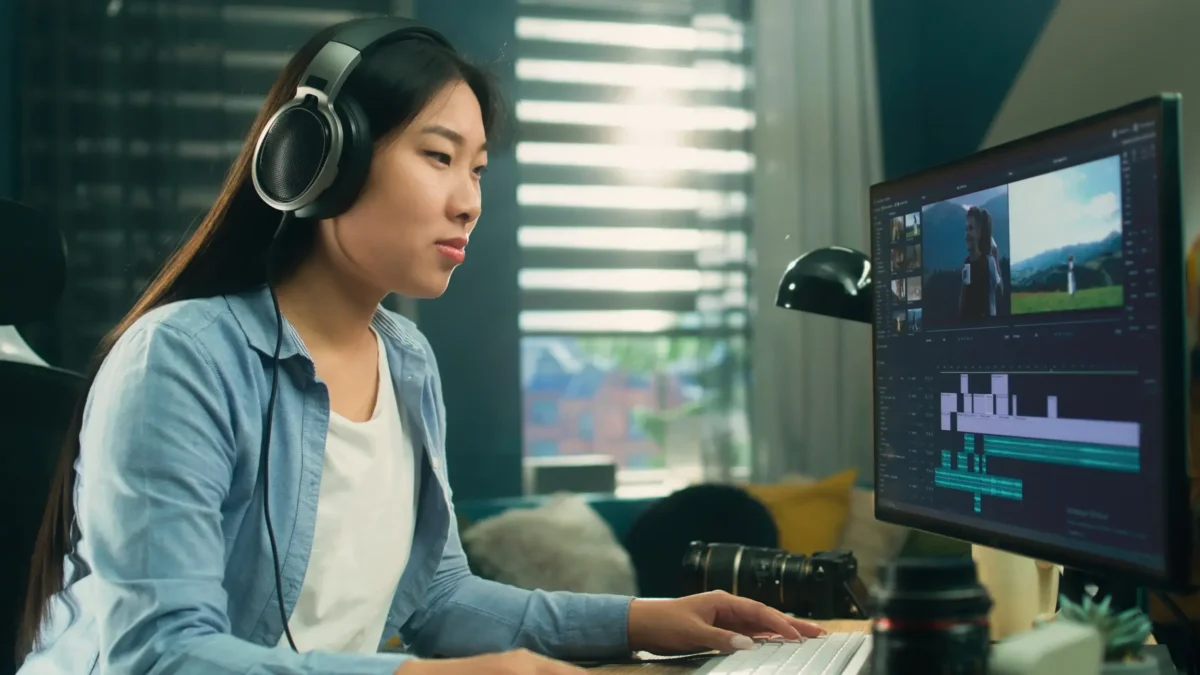 Asian woman in headset editing video with astronauts for client in program on personal computer while working at the table from home office.